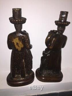 People Art Former Pair Of Wooden Candlesticks Carved