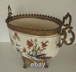 Planter Faience Vase Bronze Mount Choisy Le Roi Flowers Bowl Model with Cat