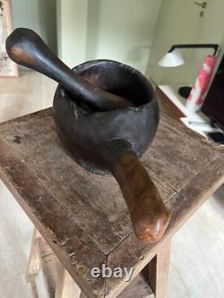 Popular Art Mortar and Its Wooden Pestle 19th Century