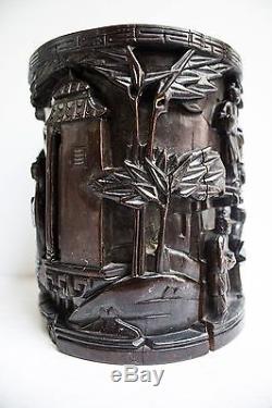 Pot Brush (bitong) Carved Wood, Characters Decor. China, Early 20th