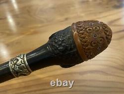 Rare Ancient Colonial Cane 19th African Head Ebene And Corozo