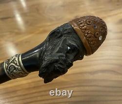 Rare Ancient Colonial Cane 19th African Head Ebene And Corozo