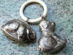 Rare Antique Silver Rattle with Rabbit and Dog Ring