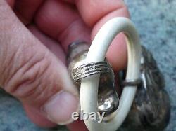 Rare Antique Silver Rattle with Rabbit and Dog Ring