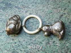 Rare Antique Silver Rattle with Rabbit and Dog Ring