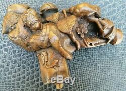Rare Beautiful Wooden Cane Carved Pommel Many Characters 19th