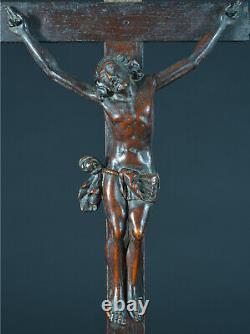 Rare Crucifix Wood Carved 17th Oak Cross Buis Christ Flemish