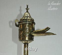 Rare Flanders And Superb Whale Oil Lamp In Brass Decorated 18th