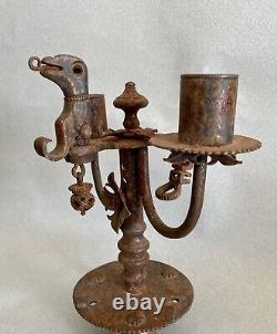 Rare Gothic 18th Century Popular Art Wrought Iron Candlestick