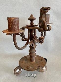 Rare Gothic High Period 18th Century Popular Art Wrought Iron Candlestick