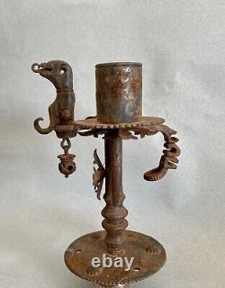 Rare Gothic High Period 18th Century Popular Art Wrought Iron Candlestick