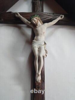 Rare Large Carved Wooden Wall Crucifix With Roof At The Beginning XX S. 80 CM