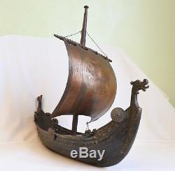 Rare Old Bronze Model Of A Viking Ship, Mainsail Bronze And Brass