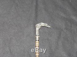Rare Old Bronze Silver Cane Horn Vintage Cock Paw Gadget Cane