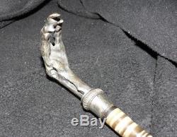 Rare Old Bronze Silver Cane Horn Vintage Cock Paw Gadget Cane