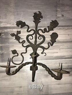 Rare Pair Of Wall Wrought Iron 18 / 19th Candelstick Candlestick Folk Art
