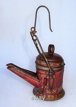 Rare Small White Iron Whale Oil Lamp Painted And Decorated 19th
