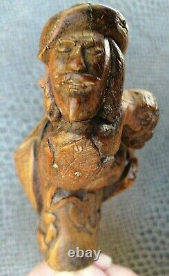 Rare Superb Wooden Cane Head Carved By Many 19th Characters