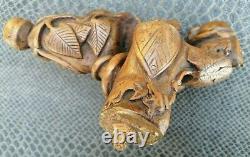 Rare Superb Wooden Cane Head Carved By Many 19th Characters