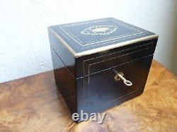 Rare antique black lacquered Napoleon 3 III box with inlays