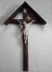 Rare Large Carved Wooden Crucifix Mural With Its Early 20th-century Roof. 80 Cm