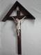 Rare Large Sculpted Wooden Crucifix Mural With Its Roof Early 20th Century 80 Cm