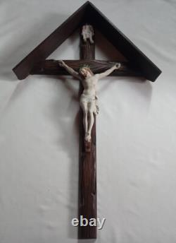 Rare large sculpted wooden crucifix mural with its roof early 20th century 80 cm
