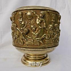 Rare repoussé copper cache pot with science and arts putti in Renaissance style