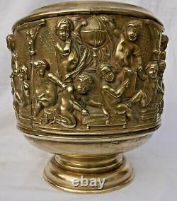 Rare repoussé copper cache pot with science and arts putti in Renaissance style