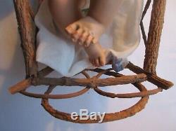 Sculpture Reinforced Plaster Jesus Newborn, Glass Eyes, In Its Wooden Cradle
