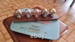 Set of small skulls in copper alloys on an oak base