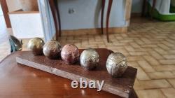 Set of small skulls in copper alloys on an oak base