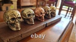 Set of small skulls in copper alloys on an oak base