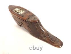 Shoe Snuff Box Carved Wood Marquetry Portrait Popular Art 19th Century