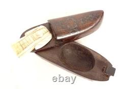 Shoe snuff box with carved wood and brass system, 19th-century folk art