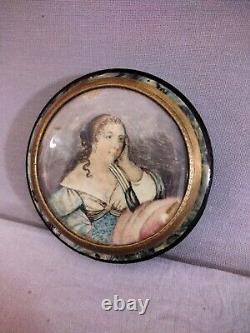 Small 18th century paper mache box with marbled decoration, signed miniature painting