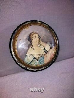 Small 18th century paper mache box with marbled decoration, signed miniature painting