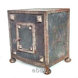 Small Antique Iron Strongbox Safe with Diamond-Point Decoration