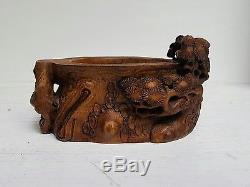 Small Carved Bamboo Pot. Decor Of Pines And Foliage. China 20th Century