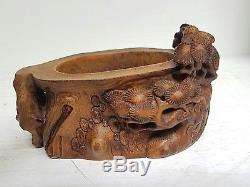Small Carved Bamboo Pot. Decor Of Pines And Foliage. China 20th Century