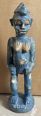 Small Statue of African Woman in Colored Blue Wood