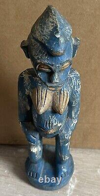 Small Statue of African Woman in Colored Blue Wood