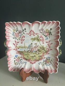 Square Plate Signed in Marseille Faience 19th Century, Decorated with Gallant Scenes