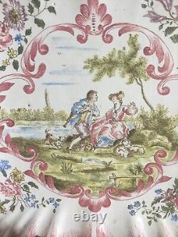 Square Plate Signed in Marseille Faience 19th Century, Decorated with Gallant Scenes