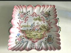 Square Plate Signed in Marseille Faience 19th Century, Decorated with Gallant Scenes