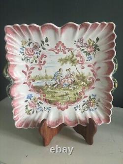 Square Plate Signed in Marseille Faience 19th Century, Decorated with Gallant Scenes