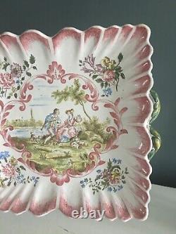 Square Plate Signed in Marseille Faience 19th Century, Decorated with Gallant Scenes