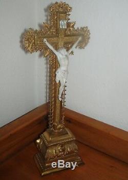 Superb And Rare Golden Crucifix With Gold Leaf Nineteenth Century