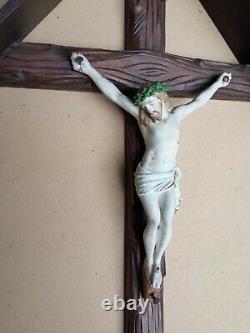Superb And Rare Large Carved Wooden Wall Crucifix With Its Early XX S Roof