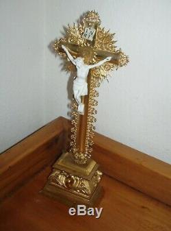 Superb Golden Crucifix With Gold Leaf- Louis-philippe Period